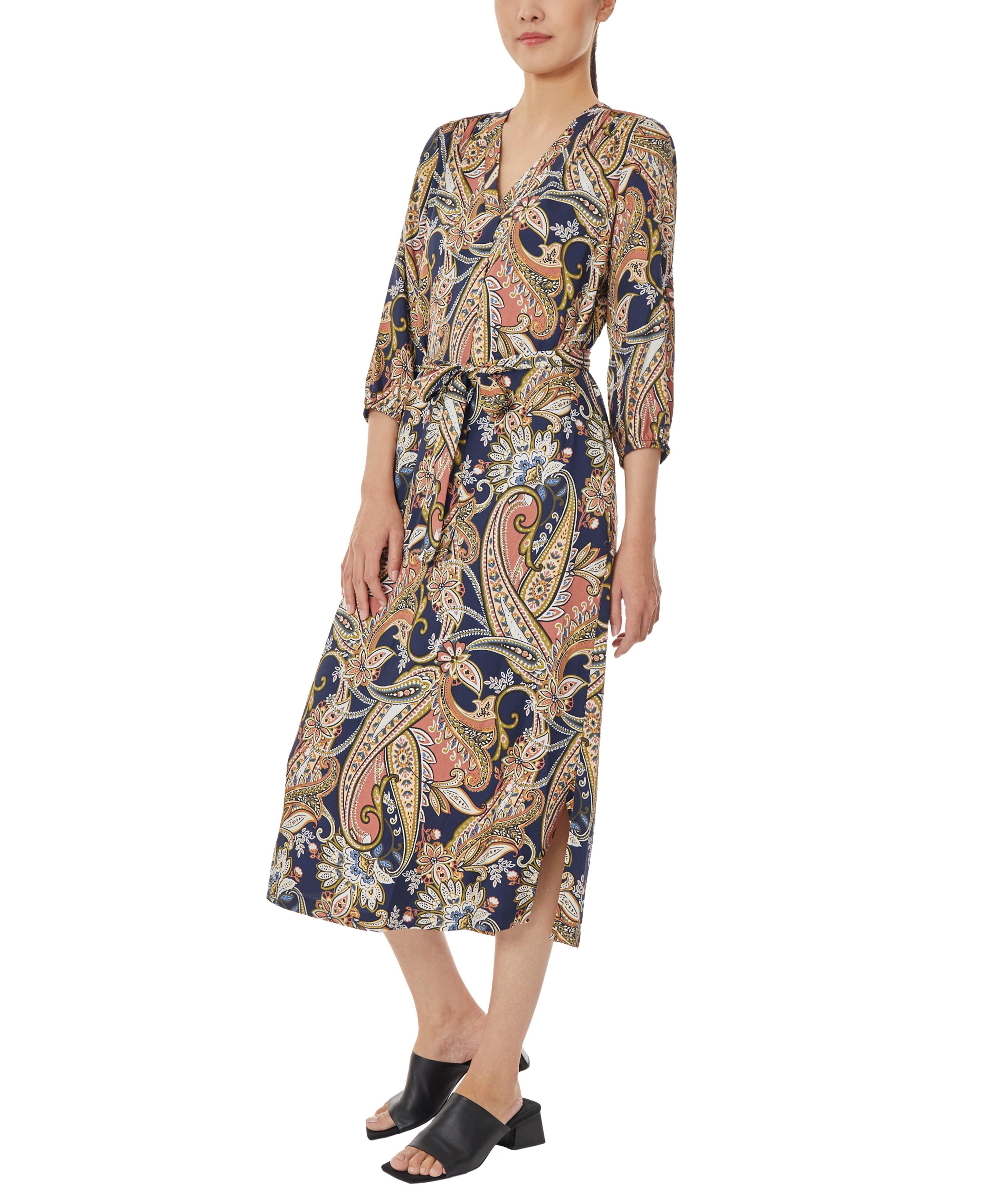 V-Neck Midi Dress with Tie Waist