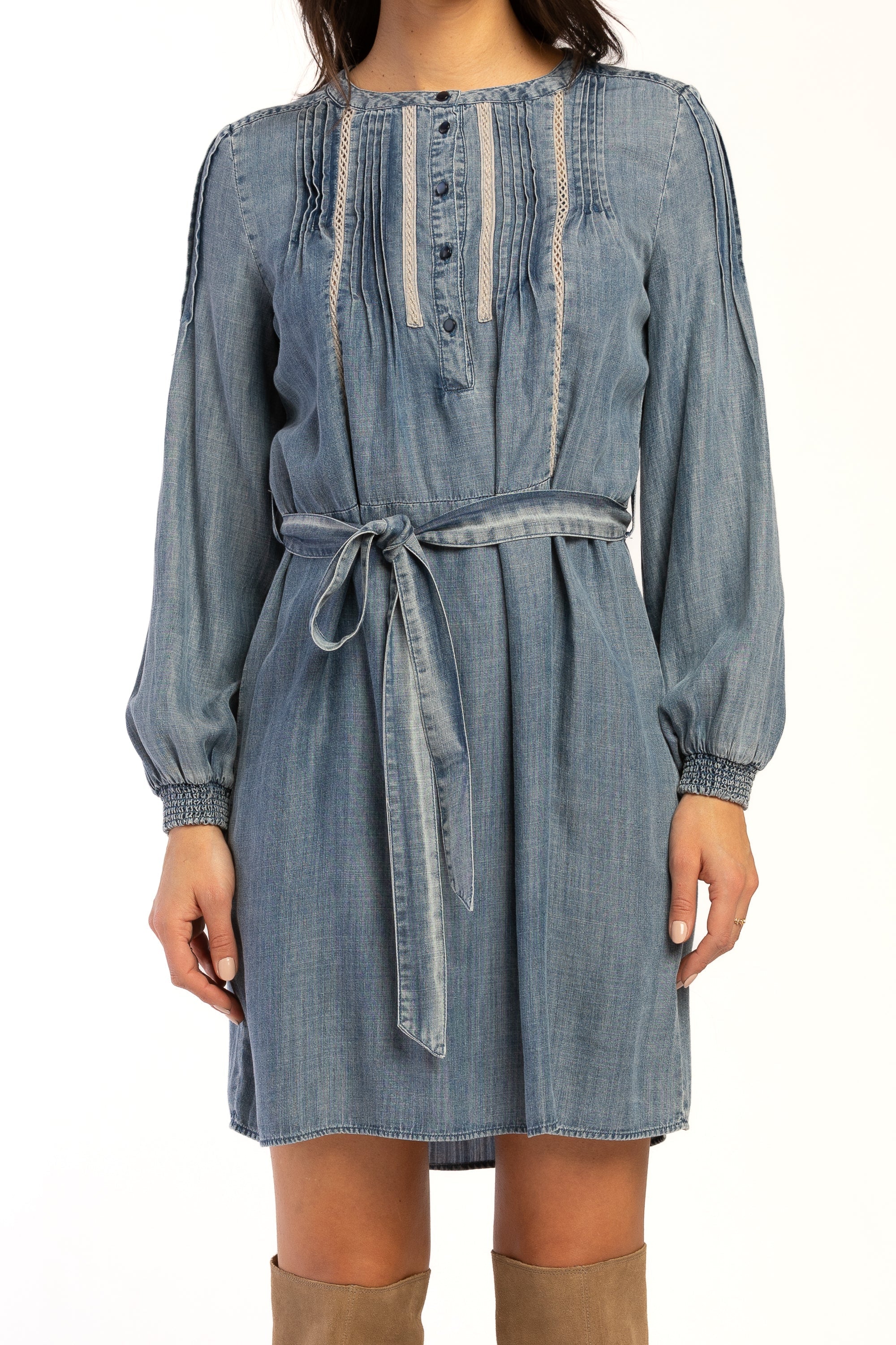 Evie Long Sleeve Smocked Cuff, Banded Collar, Half Button Pop Over Dress