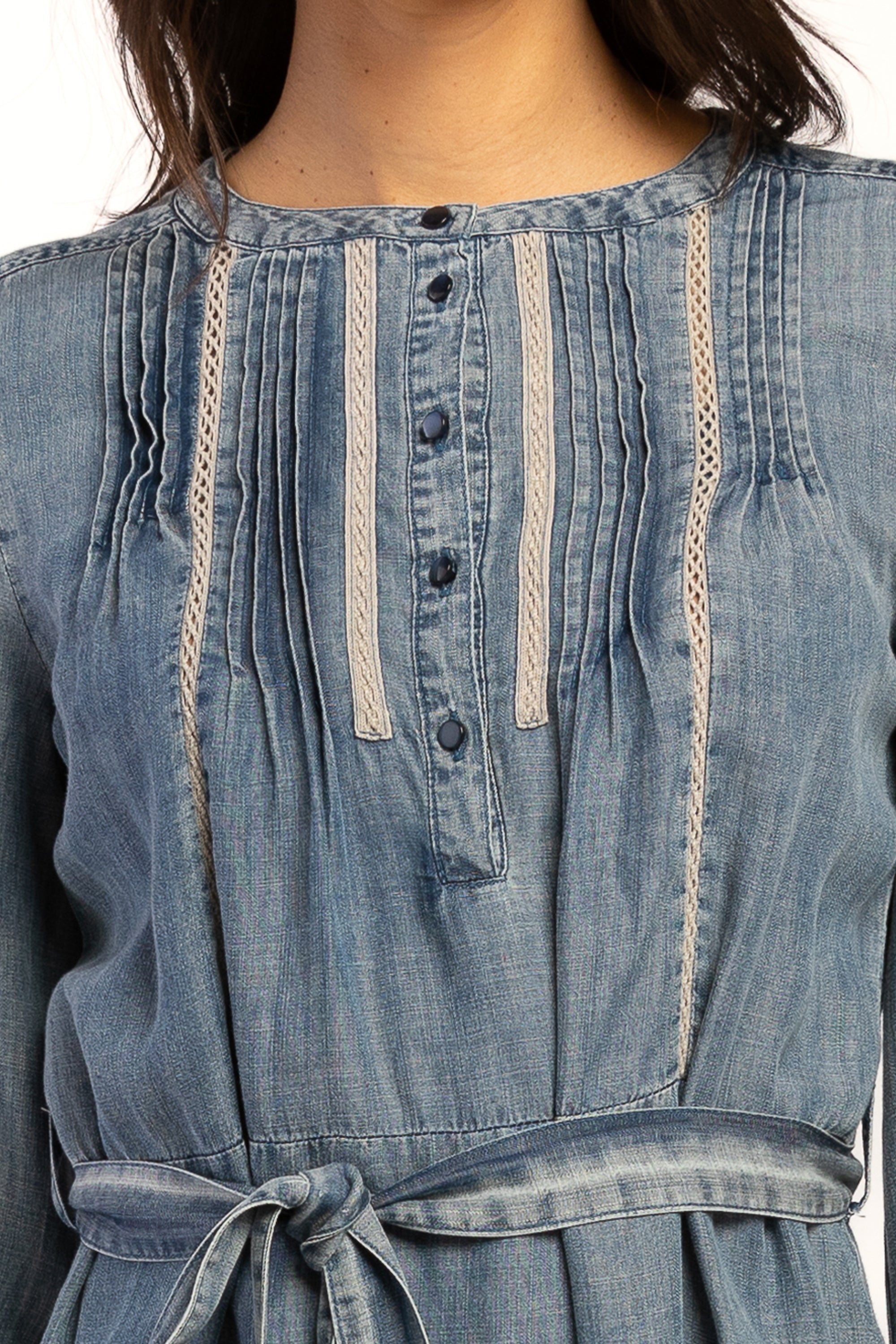 Evie Long Sleeve Smocked Cuff, Banded Collar, Half Button Pop Over Dress